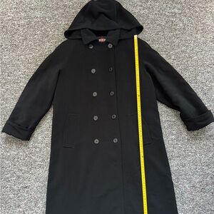 Classic Stylish Black Detachable hood Long Trench Coat Size 6P Oversized